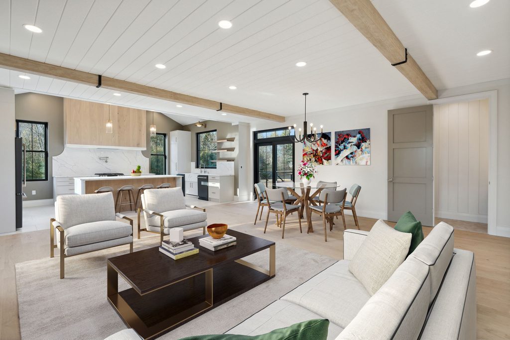Staged Kitchenn and Living Room of Ridge House in Falmouth, Maine